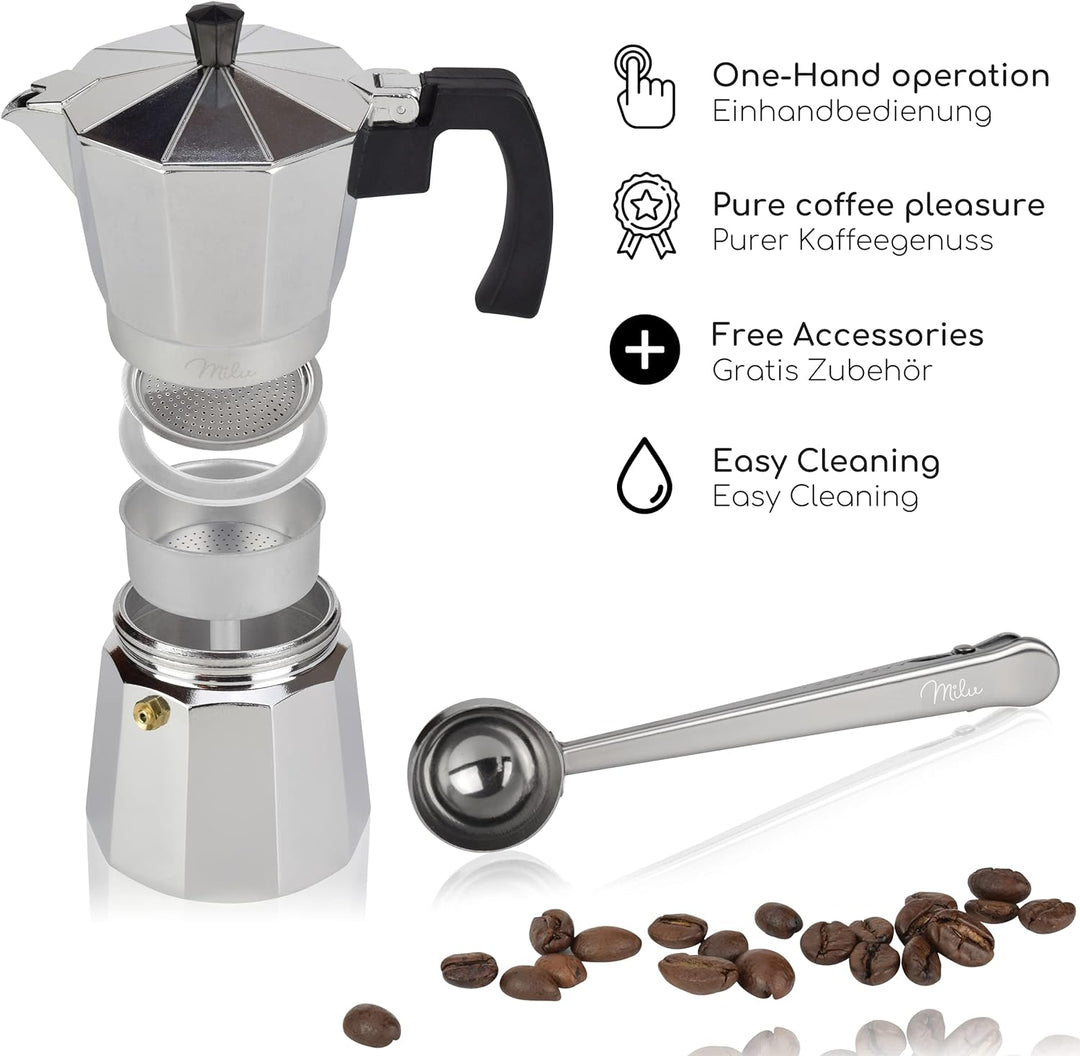 Milu Espressokocher (No Induktion) | 2, 3, 6, 9 Tassen | Aluminium Mokkakanne, Espressokanne, Espres