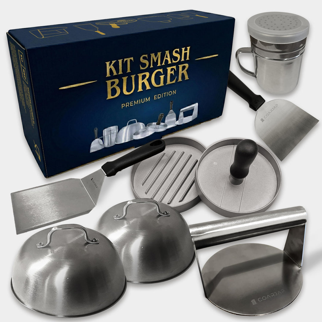 Smash Burger Set Premium 7-teilig – Burgerpresse, Grillspachtel & Scraper, 2 Burgerglocken, Gewürzst
