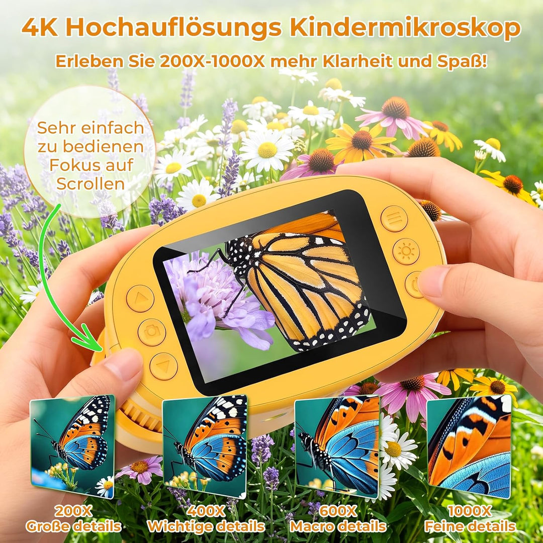 Digitales Mikroskop für Kinder, 1000X Vergrösserung mit 2.0" IPS Bildschirm, USB Wiederaufladbar und