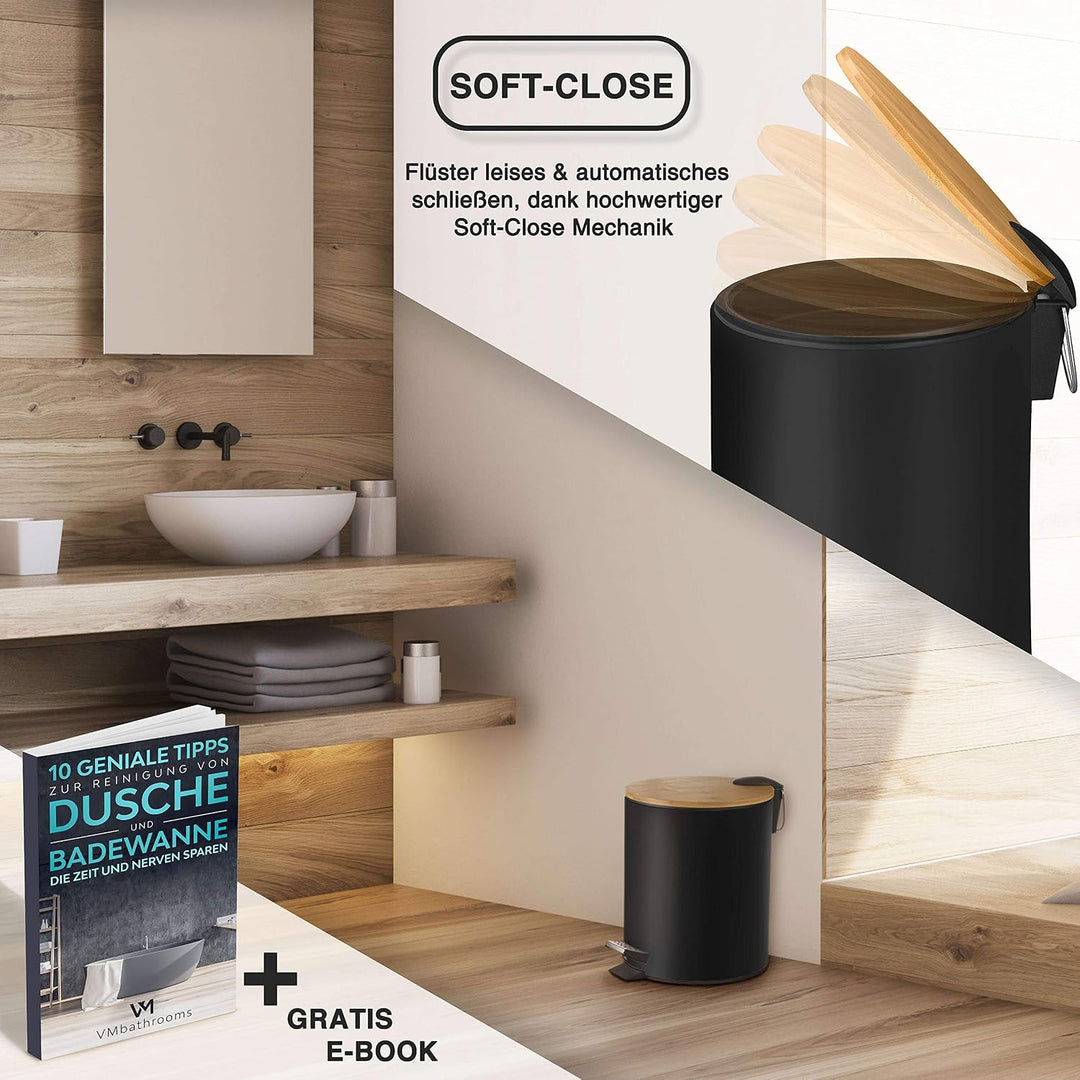VMbathrooms 5L Kosmetikeimer in edlem schwarzem Design | Tretmülleimer mit Absenkautomatik (Soft Clo