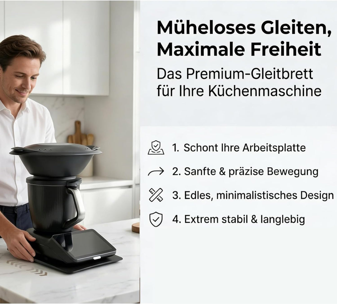 Bambus Gleitbrett für Thermomix TM7 mit Rollen Leicht zu Bewegen, Stabiler Halt & Glatte Splitterfre