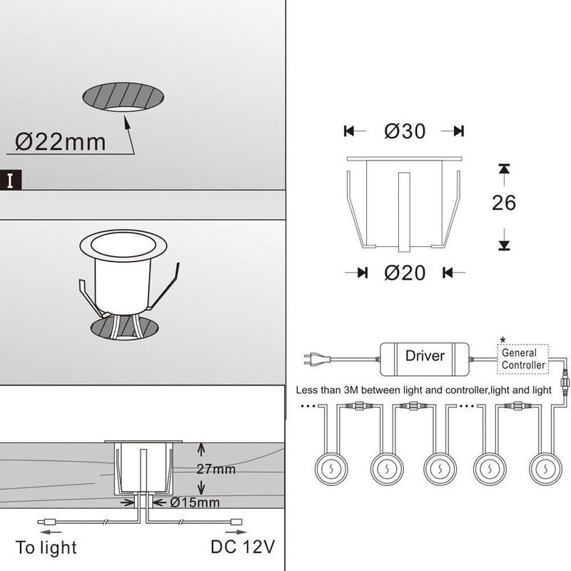 CHNXU 10er Set Terrassen Einbaustrahler LED Bodeneinbaustrahler Ø30mm 0.6W Aussen DC12V Warmes Weiss