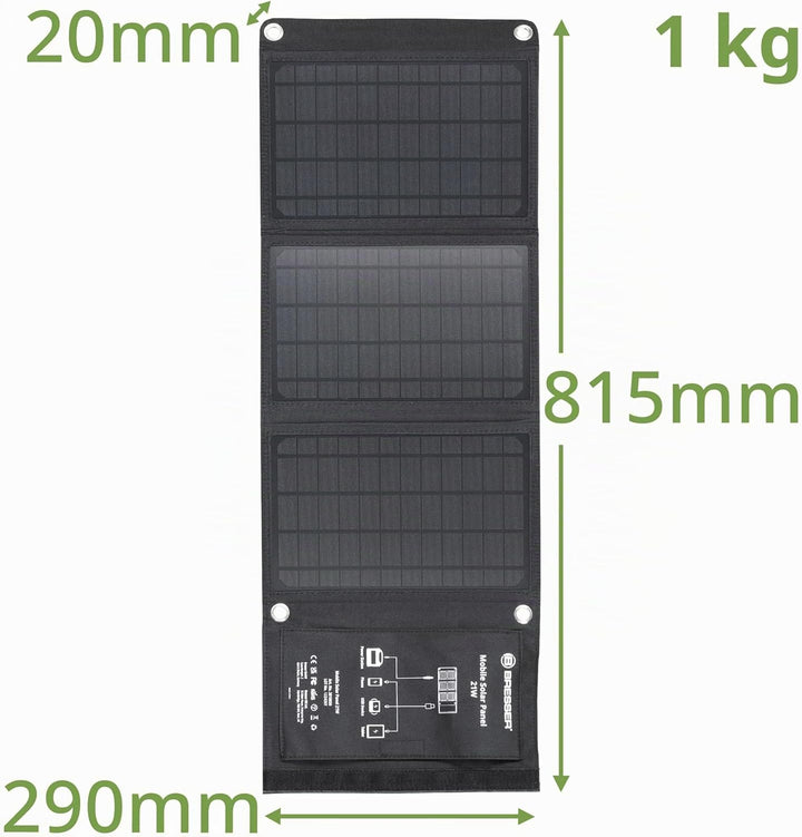 Bresser Solar Ladegerät 21W mit USB-A- und DC-Anschluss inkl. Adaptern, Solar-Panel als Ladegerät fü