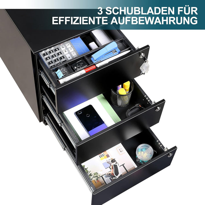 LVSTEEL Rollcontainer mit Schubladen, Mobiler Aktenschrank unter Schreibtisch, Abschliessbarer Büros