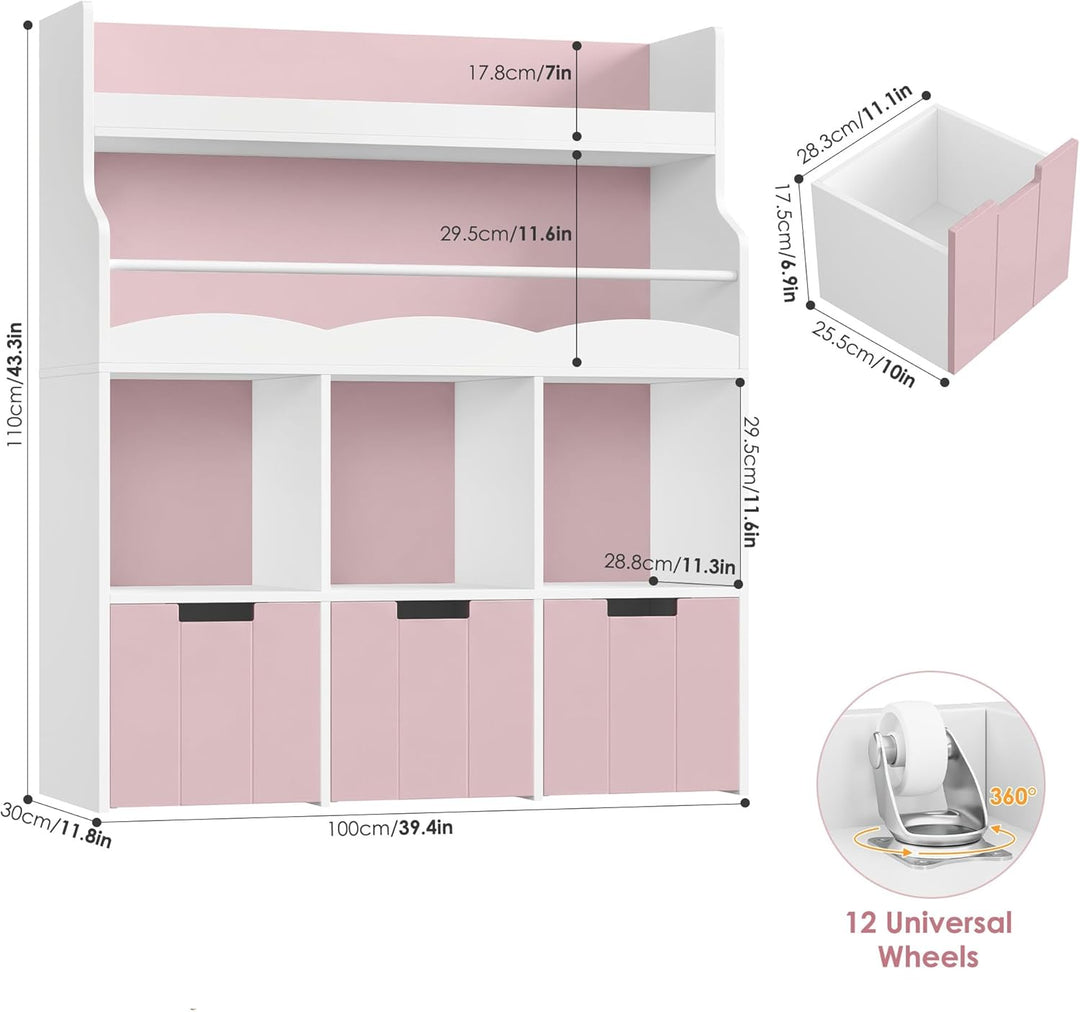 HOCSOK 110cm Kinderregal mit Boxen auf Rollen, Kinderbücherregal mit 4 Ablagefächern, Spielzeugregal