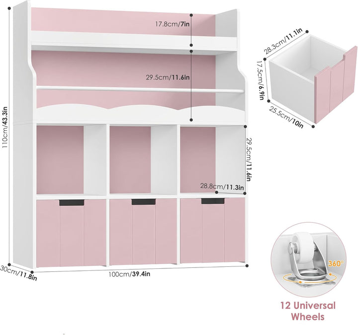 HOCSOK 110cm Kinderregal mit Boxen auf Rollen, Kinderbücherregal mit 4 Ablagefächern, Spielzeugregal