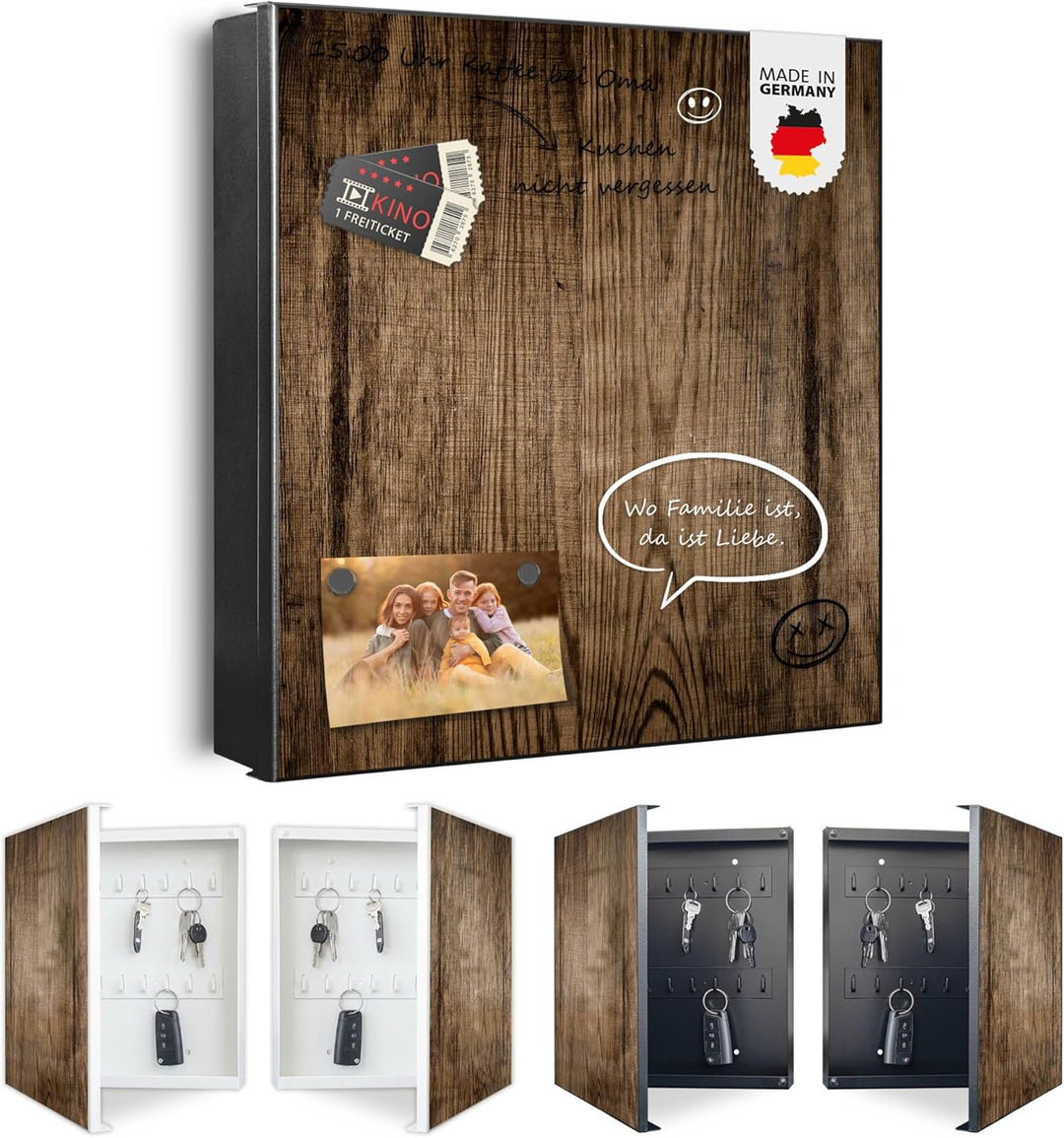 banjado® Grosser Schlüsselkasten Glas/Schlüsselbox 30cm x 30cm mit 50 Haken - Motiv Maserung Dunkel/