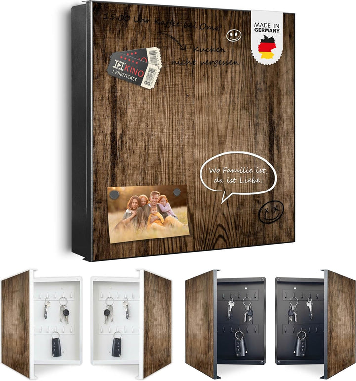 banjado® Grosser Schlüsselkasten Glas/Schlüsselbox 30cm x 30cm mit 50 Haken - Motiv Maserung Dunkel/