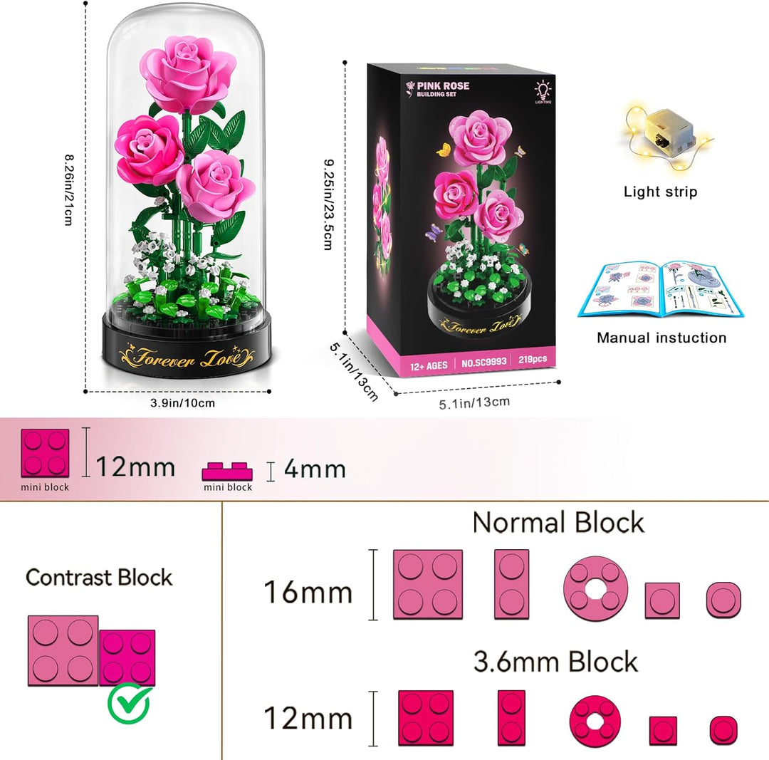 HiWEEGO Rosa Rosen Blumenstrauss Bauset mit LED Licht für Ehefrau Erwachsene | 3,6 MM Rosenstrauss m