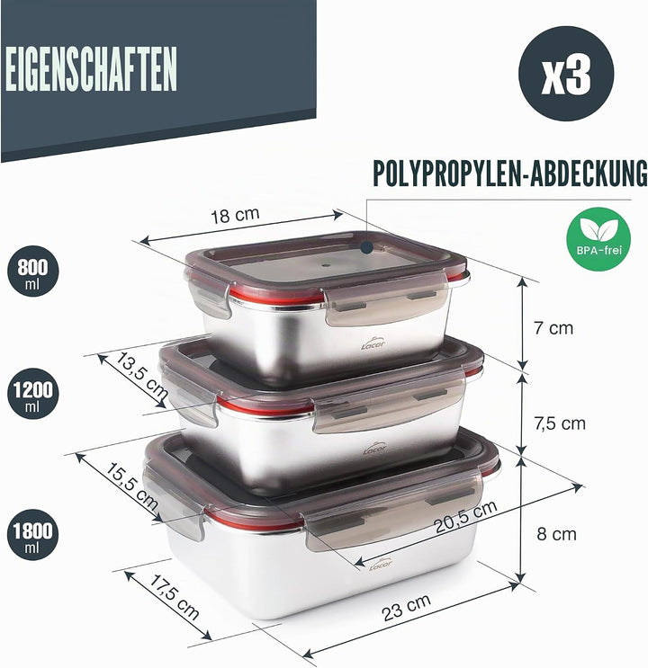 LACOR 64617 - Set mit 3 Behältern für Lebensmittel, Ecoinox, Edelstahl 18/10, 800/1200/1800 ml, geei