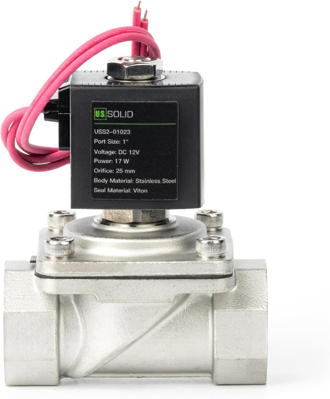 U.S. Solid 1" Magnetventil - Edelstahl DC 12V mit Viton-Dichtung, stromlos geschlossen, Bleidraht-Ty