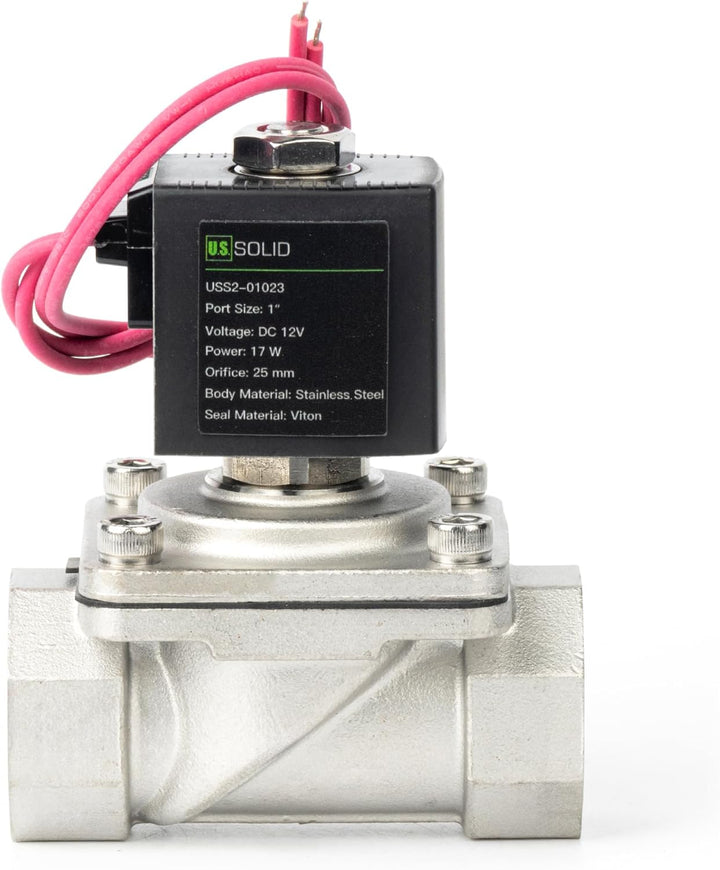U.S. Solid 1" Magnetventil - Edelstahl DC 12V mit Viton-Dichtung, stromlos geschlossen, Bleidraht-Ty