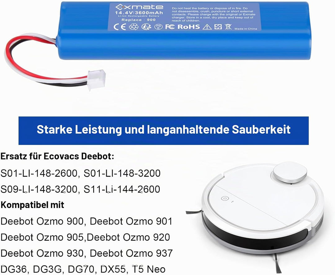 Exmate 14.4V 3600mAh Li-Ion Akku, Ersatzakku für Ecovacs Deebot Ozmo 900, 901, 905, 920, 930, 937, D