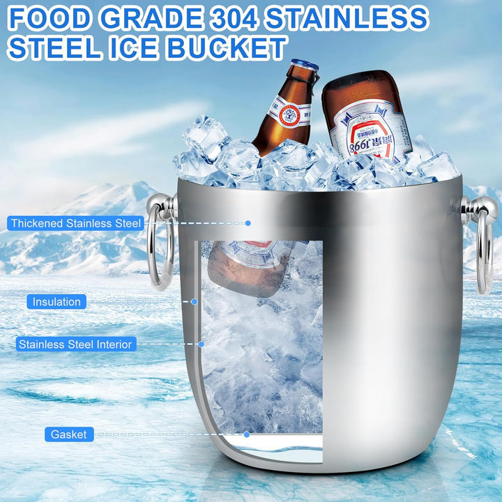 3L Edelstahl Eiswürfelbehälter, Euakee Eiskübel mit Deckel und Zange, Eisbehälter Doppelwandig für E