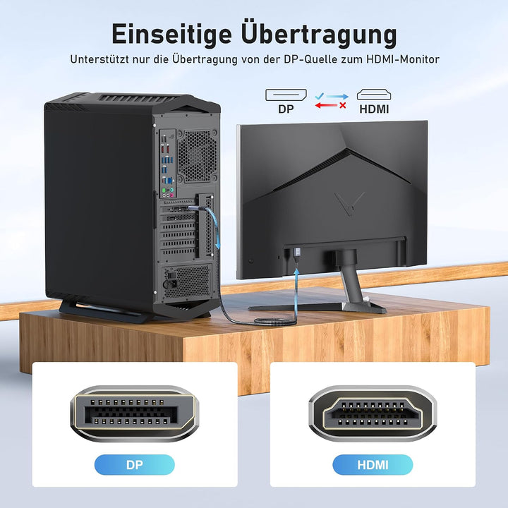 8K DisplayPort 1.4 zu HDMI 2.1 Kabel 2M, 8K@60Hz 4K@120Hz 2K@240Hz, HDR, Nur von DP zu HDMI Für NVID