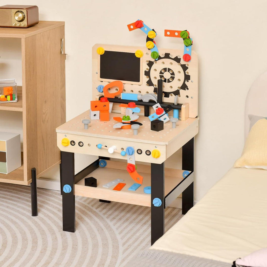 COSTWAY Werkzeugbank für Kinder, Werkbank Holz mit Tafel, hängendem Werkzeugständer & Zubehör, Spiel
