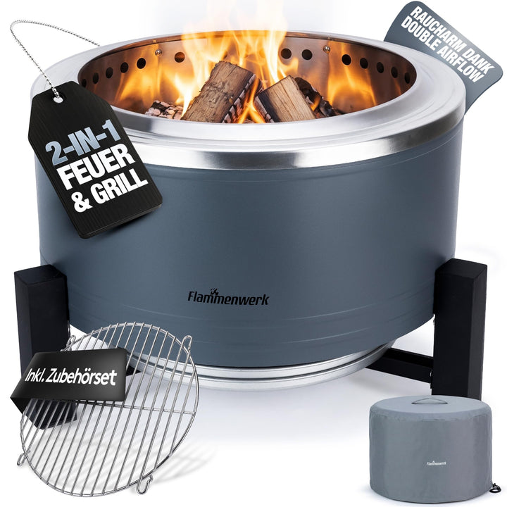 Rauchfreie Edelstahl Feuerschale Ø 56 cm| Raucharm Dank Turbo-Brenner | 2-in-1 Feuerstelle & Grill f