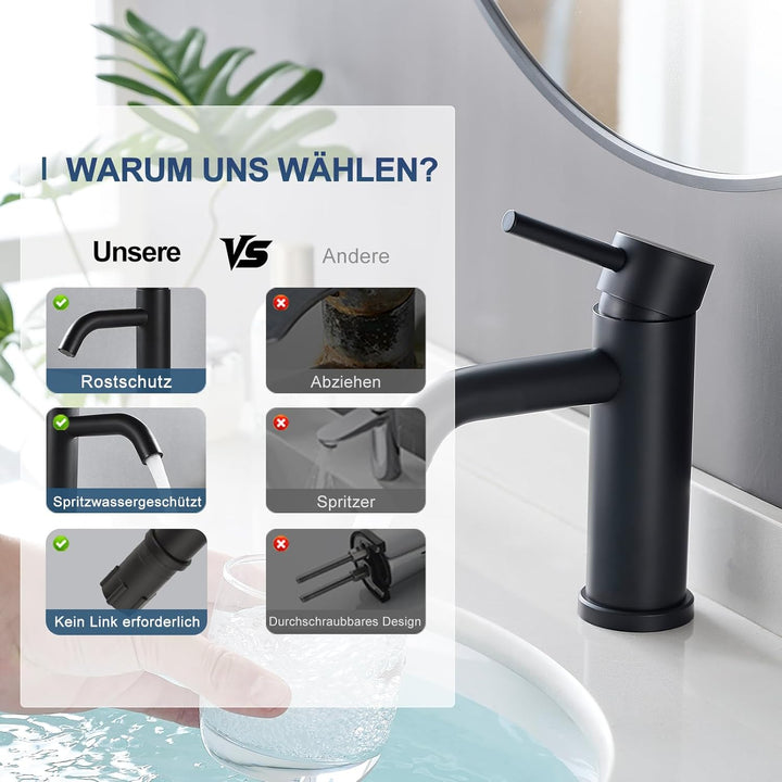 GENBONS Wasserhahn Bad Schwarz, Moderner Einhebelmischer für Waschbecken, Hochwertige Waschtischarma