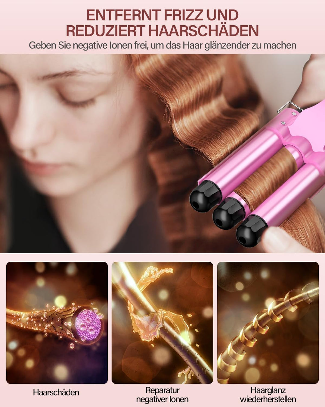 Lockenstab 3 Fässer Beach Waves Welleneisen für Haare, 25mm Kleine Locken Keramik Lockeneisen-Temper