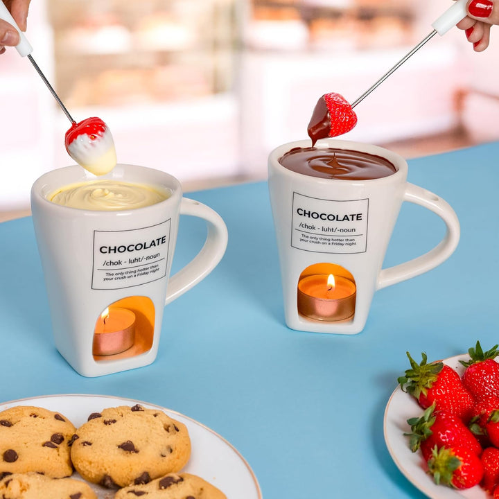 Fisura - Fondue Tasse für Schokolade und Käse, weisse Keramiktasse 140 ml mit Gabel, originelle Gesc