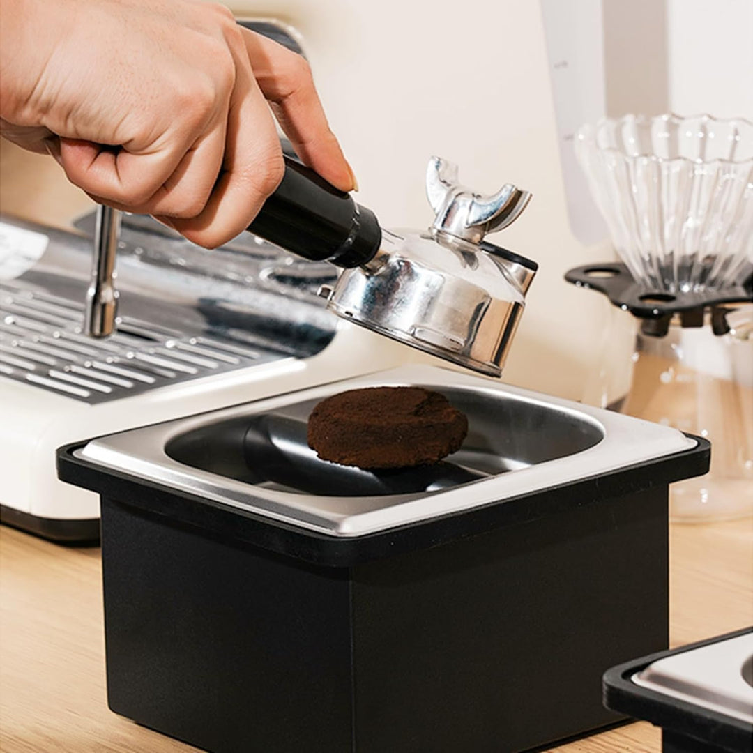 Gocoffun Espresso-Kaffee-Klopfbox, Edelstahl-Kaffee-Puck-Behälter, mit geräuschreduzierendem Gummiri