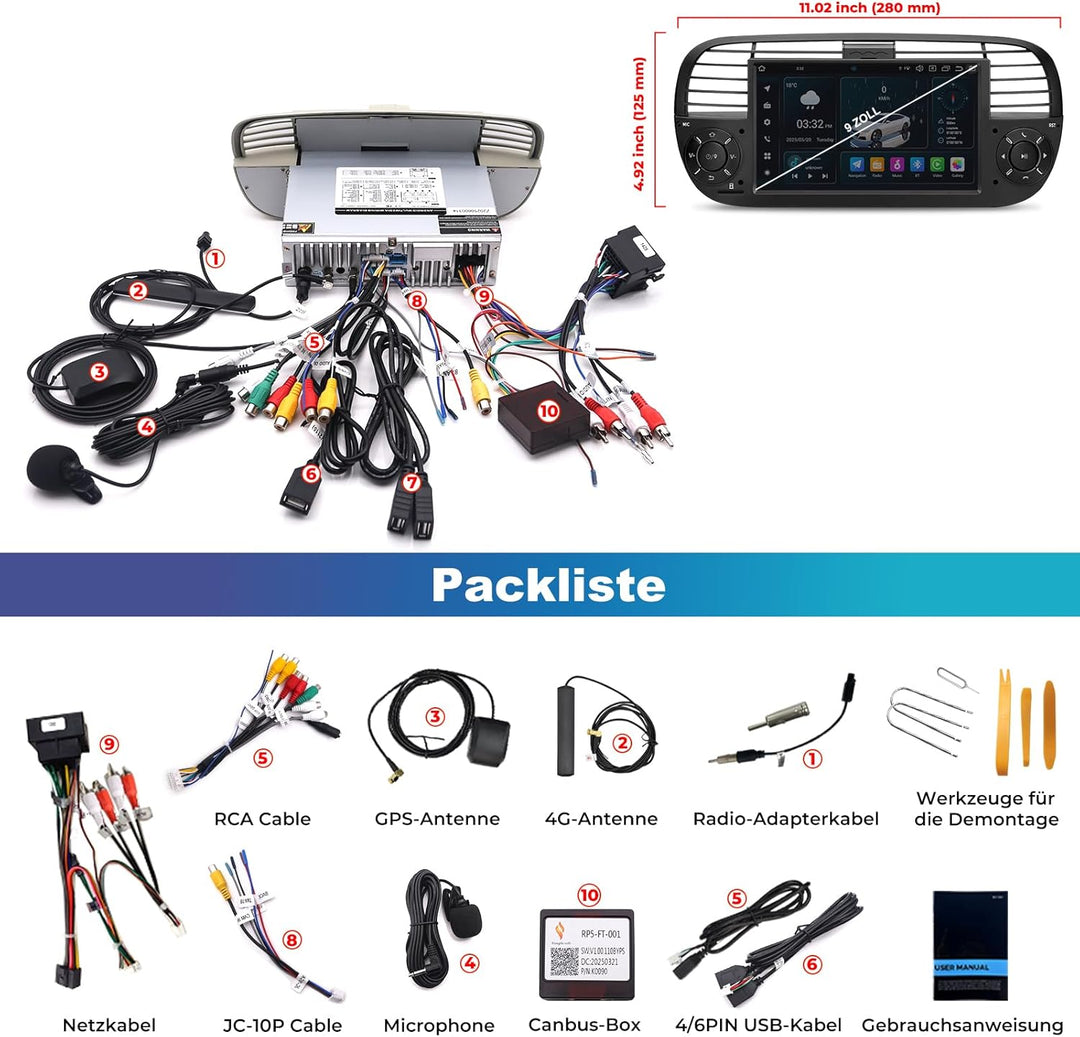 [Black 4+64GB] Autoradio für FIAT 500 2007-2015 mit 7 Zoll Touchscreen, Android 14 Radio Unterstützu