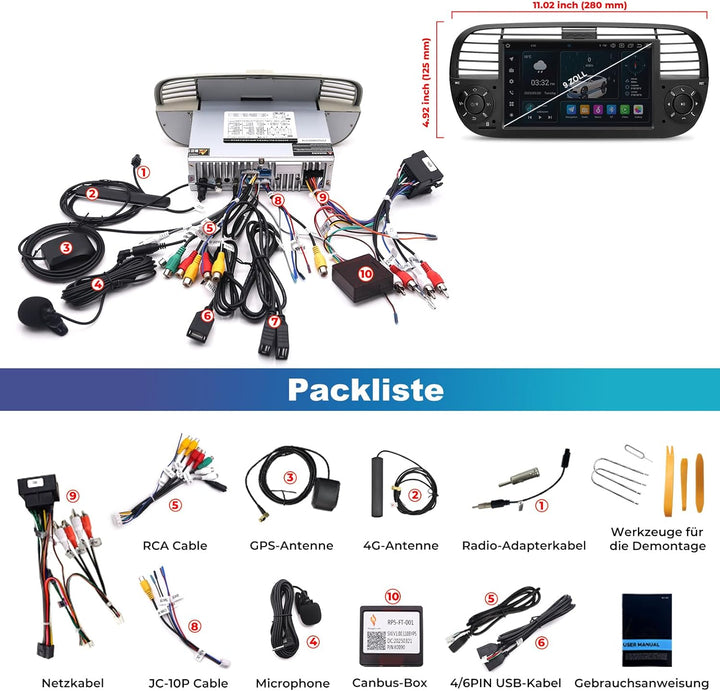 [Black 4+64GB] Autoradio für FIAT 500 2007-2015 mit 7 Zoll Touchscreen, Android 14 Radio Unterstützu