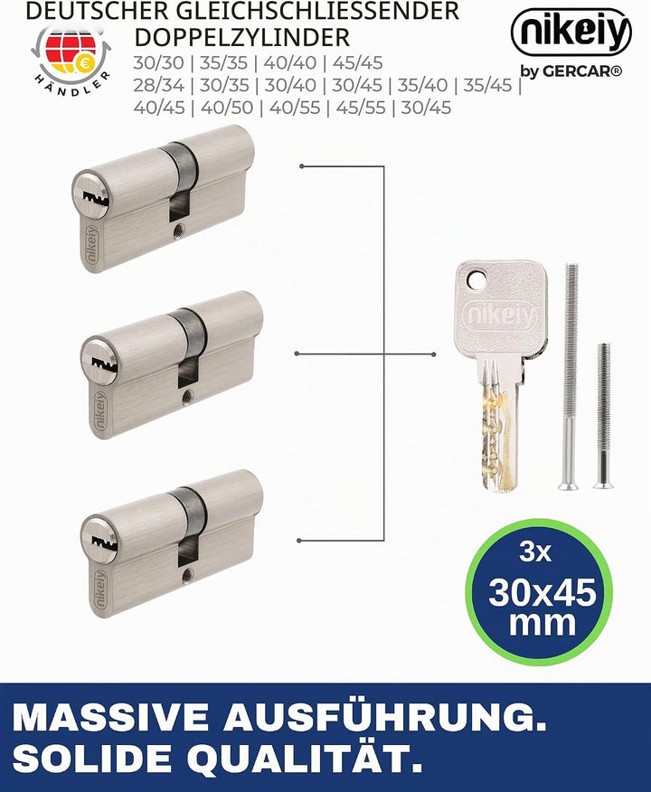 GERCAR Pro Profilzylinder 30/45 Massiver Schliesszylinder gleichschliessend 3er Set Doppelzylinder Z