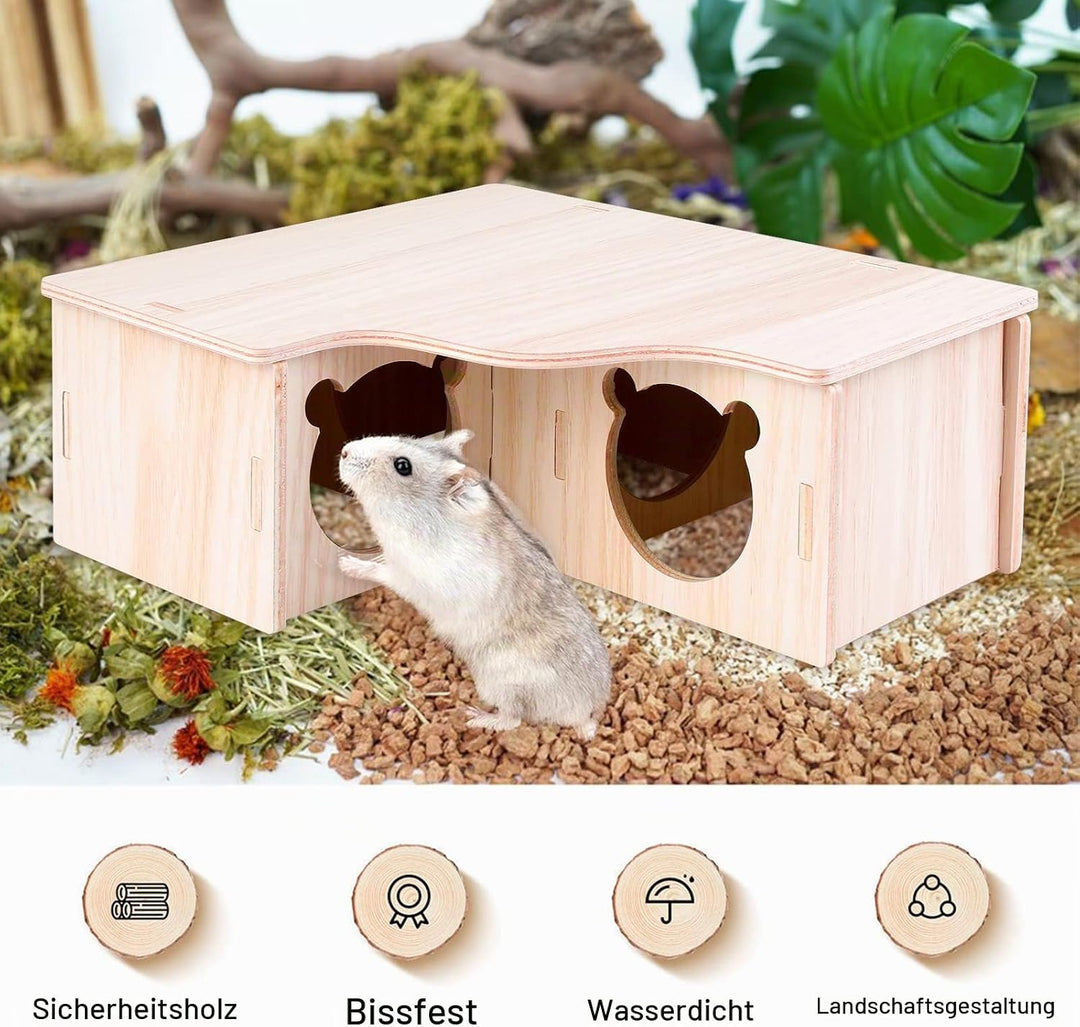 Vegena 2 Stück Hamster Haus, Hamster Haus aus Holz, Hamster Mehrkammernhaus, Hamster Eckhaus Holz Ha