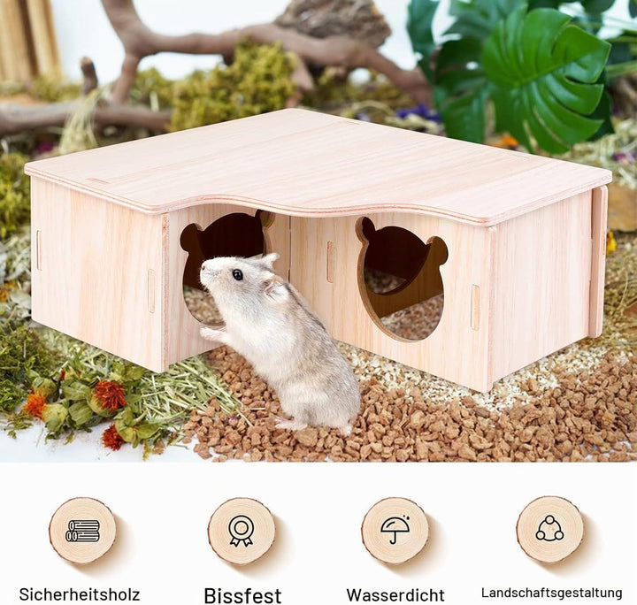 Vegena 2 Stück Hamster Haus, Hamster Haus aus Holz, Hamster Mehrkammernhaus, Hamster Eckhaus Holz Ha