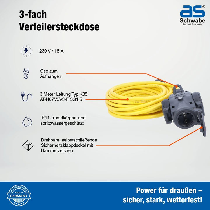 as - Schwabe 61454 3-fach Vollgummi-Verteilersteckdose, 3 m Verlängerung K35 IP44 Aussenbereich