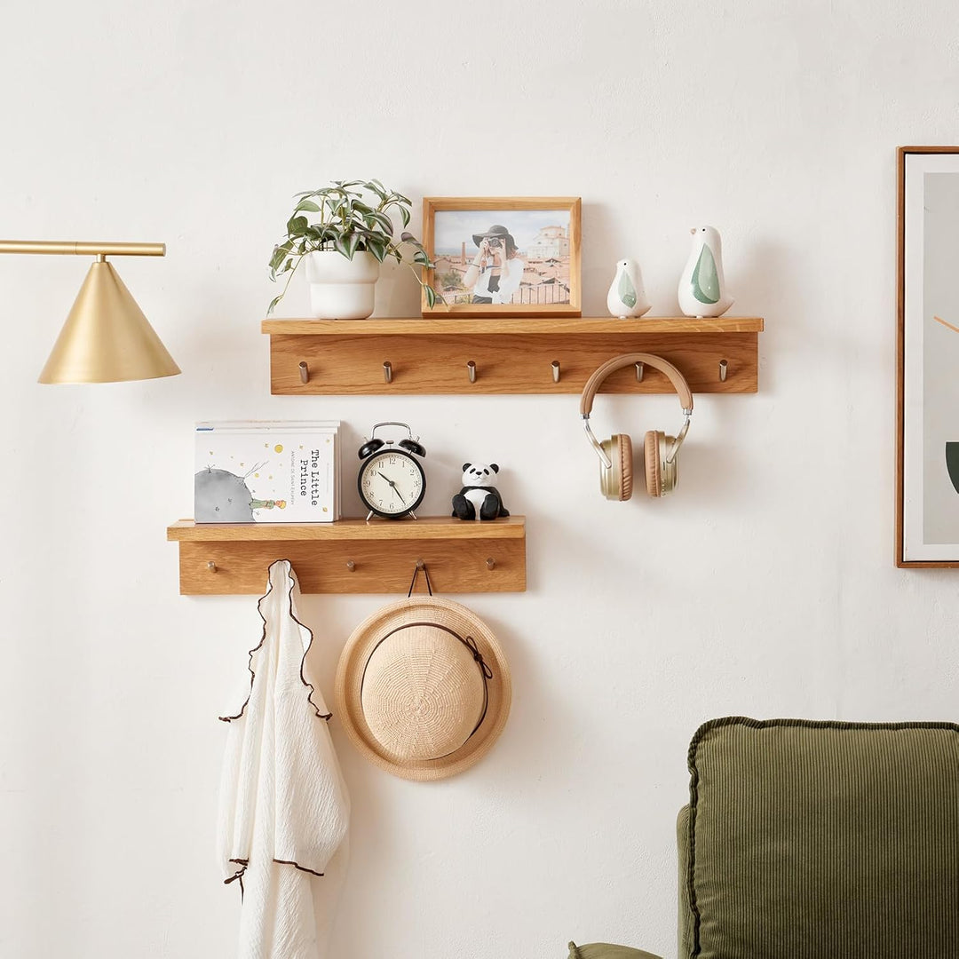 Garderobenleiste Holz 50cm, Garderobenhaken mit 5 Haken Wandgarderobe mit Ablage Schlüsselbrett mit