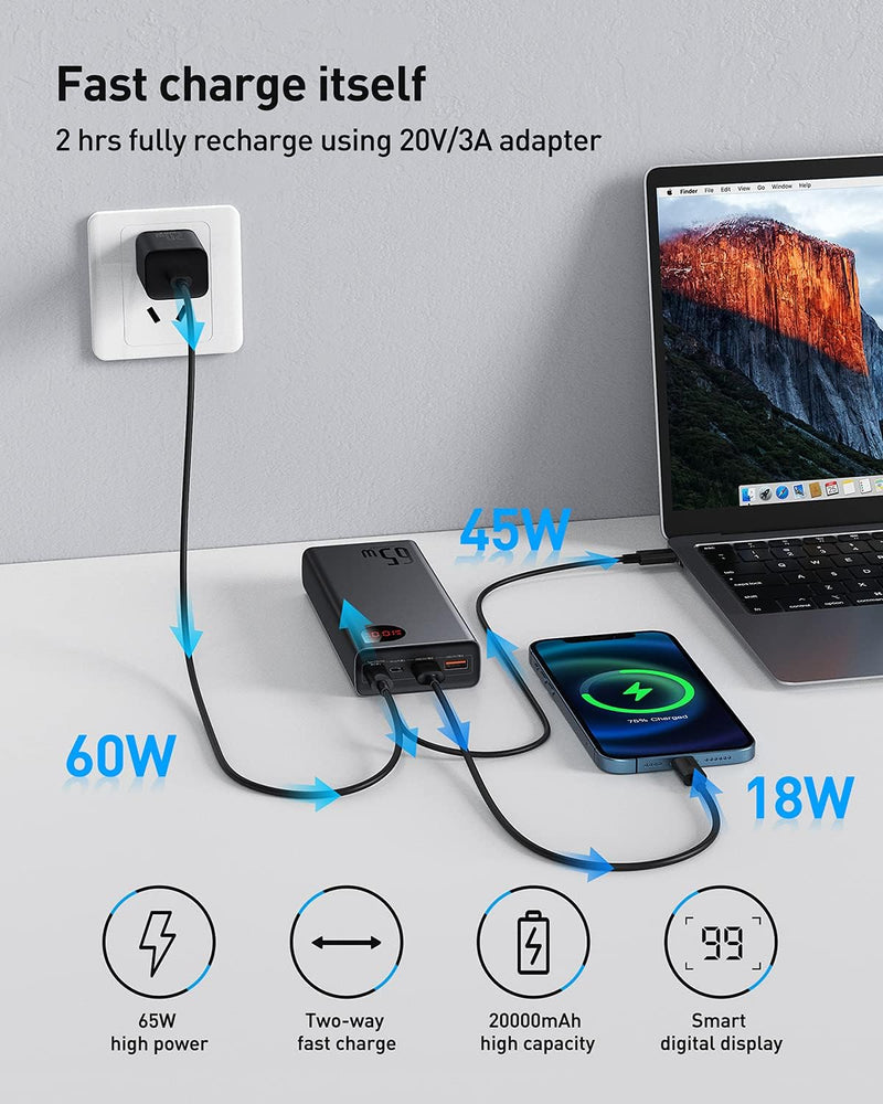 Baseus Power Bank 20000mAh, PD 65W QC 4.0 Schnellladung USB C Externer Akku Telefonladegerät mit Tri