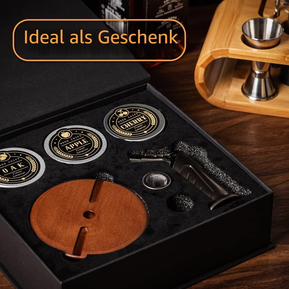 Bourbon Geschenke für Männer – Cocktail-Räucher-Kit mit Taschenlampe und Holzspänen für Whiskey, Bou