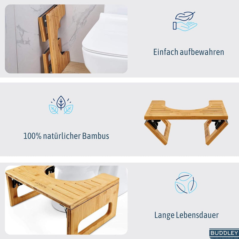 BUDDLEY Toilettenhocker klappbar - Bambus hocker - WC fussbank für die richtige Haltung - Klo hocker