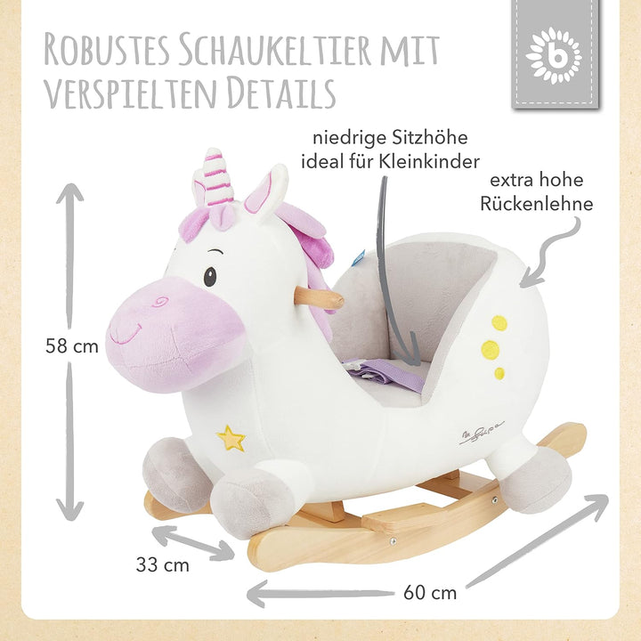 Bieco Plüsch Schaukeltier Einhorn, 60 cm | Kinder Schaukelstuhl mit Sicherheitsgurt | Baby Schaukel