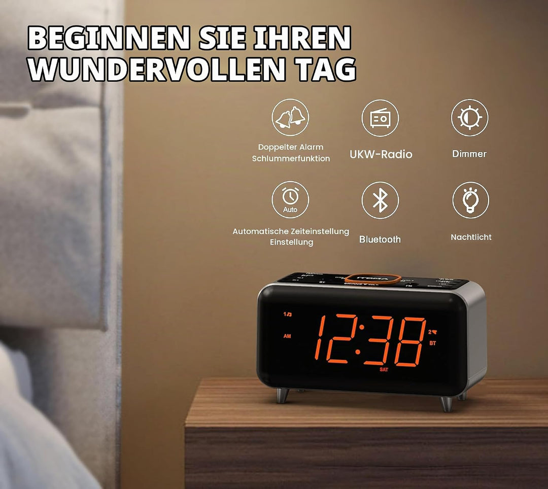 Radiowecker mit App-Steuerung, Bluetooth, FM-Radio, Dual Alarm von 4-Alarmmodi, Easy Snooze, Dimmer,