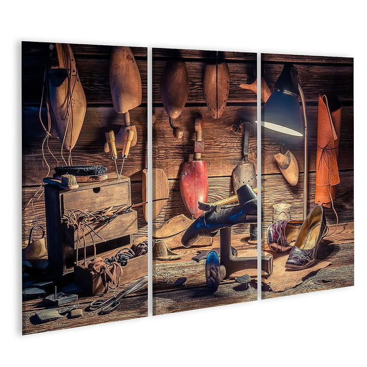 islandburner Bild auf Leinwand Vintage Schuster Arbeitsplatz Mit Pinsel Und Schuhen Bilder Wandbilde