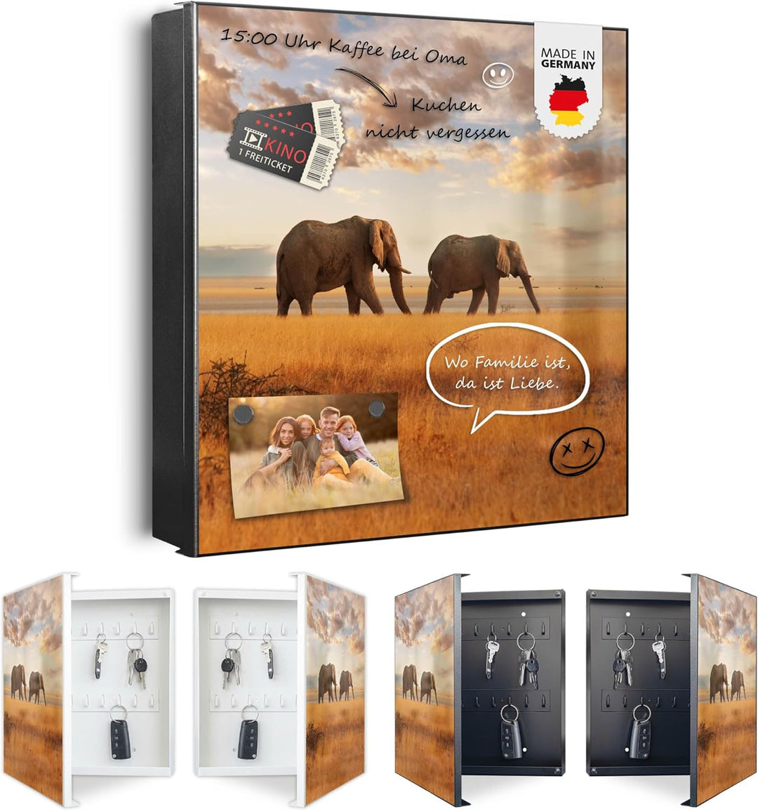 banjado® Grosser Schlüsselkasten Glas/Schlüsselbox 30cm x 30cm mit 50 Haken - Motiv Elefanten/Schlüs