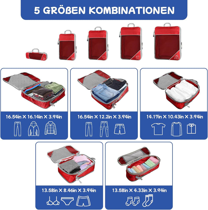 5-teilig Kompressions Packwürfel Set für Reisen, Compression Packing Cube zur Organisation Ihres Rei