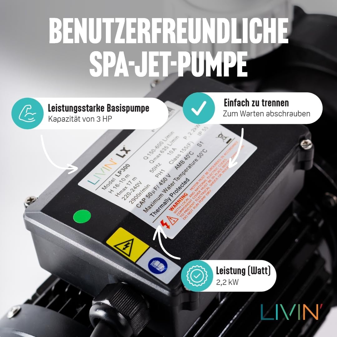 LIVIN' LX LP300 Jet poolpumpen - Whirlpool umwälzpumpe 2.2kw/ 3HP - Pool Filterpumpe 635L/ Min Poolp