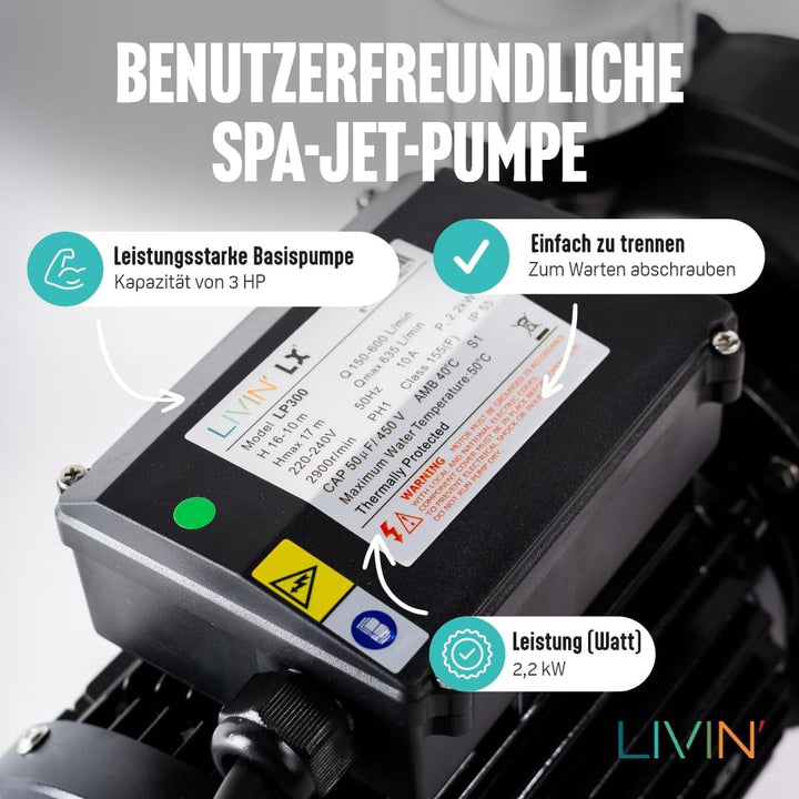LIVIN' LX LP300 Jet poolpumpen - Whirlpool umwälzpumpe 2.2kw/ 3HP - Pool Filterpumpe 635L/ Min Poolp