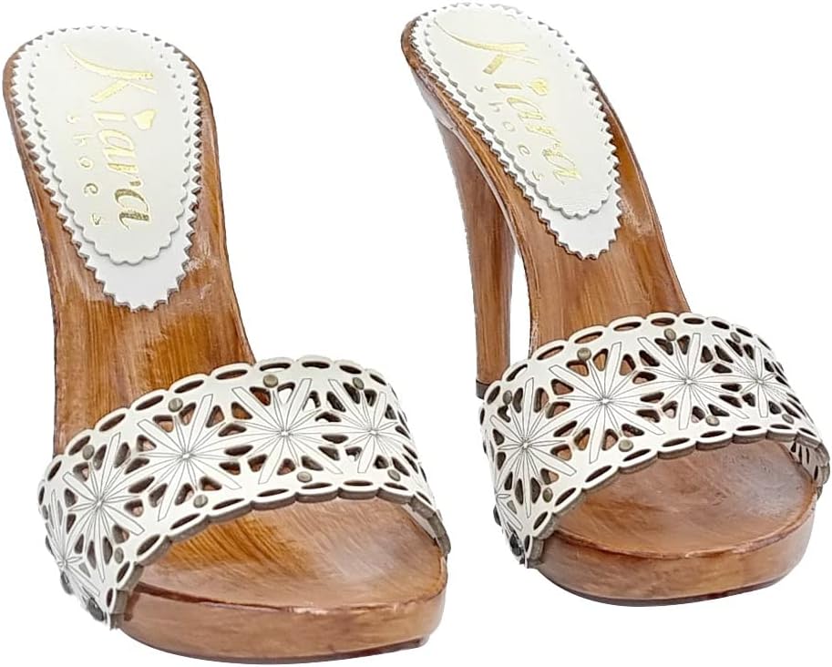 Clogs mit weiss gelasertem Obermaterial - Absatz 12 - Made in Italy - KM71401 BIANCO (41, WEISS) 41
