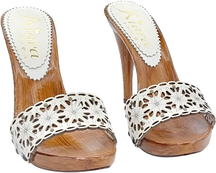Clogs mit weiss gelasertem Obermaterial - Absatz 12 - Made in Italy - KM71401 BIANCO (41, WEISS) 41