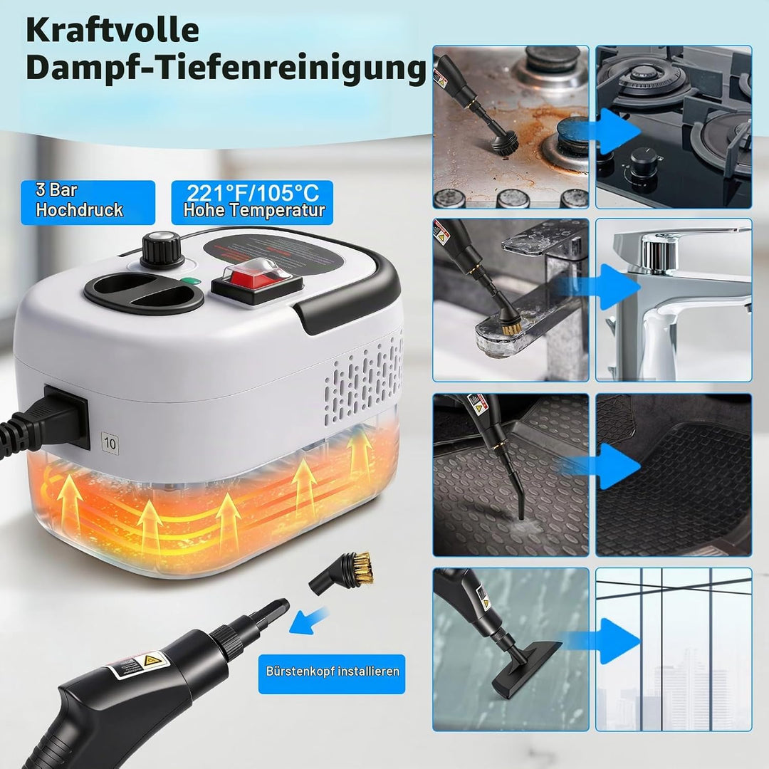 Neu 3-Stufig Einstellbarer Dampfreiniger Handgerät für Alles Haushalt Und Auto, 11s Aufheizzeit, 3ba