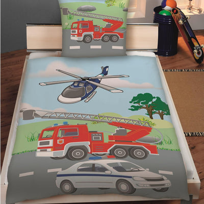 TexIdea Polizei Feuerwehr Bettwäsche Set · Wende-Motiv · Bett-bezug 135x200 cm · Kopfkissen-bezug 80