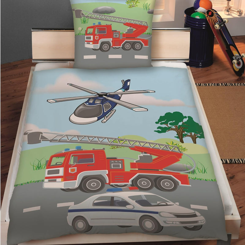 TexIdea Polizei Feuerwehr Bettwäsche Set · Wende-Motiv · Bett-bezug 135x200 cm · Kopfkissen-bezug 80