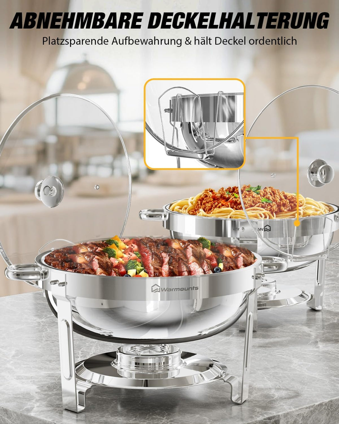 WARMOUNTS Rund Chafing Dish Buffet 2er Set 5L, Speisenwärmer für Catering mit Glasdeckel & Deckelhal