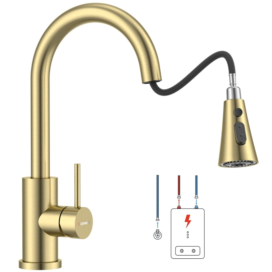DAYONE Gold Niederdruck Küchenarmatur, SUS304 Edelstahl Wasserhahn Küche mit Ausziehbarer 3-Strahl-B
