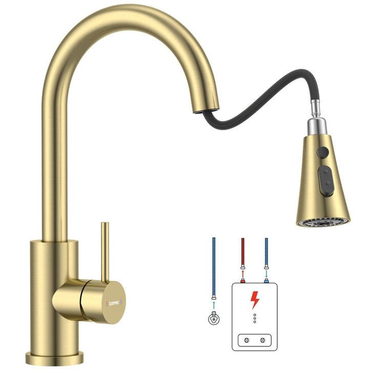 DAYONE Gold Niederdruck Küchenarmatur, SUS304 Edelstahl Wasserhahn Küche mit Ausziehbarer 3-Strahl-B